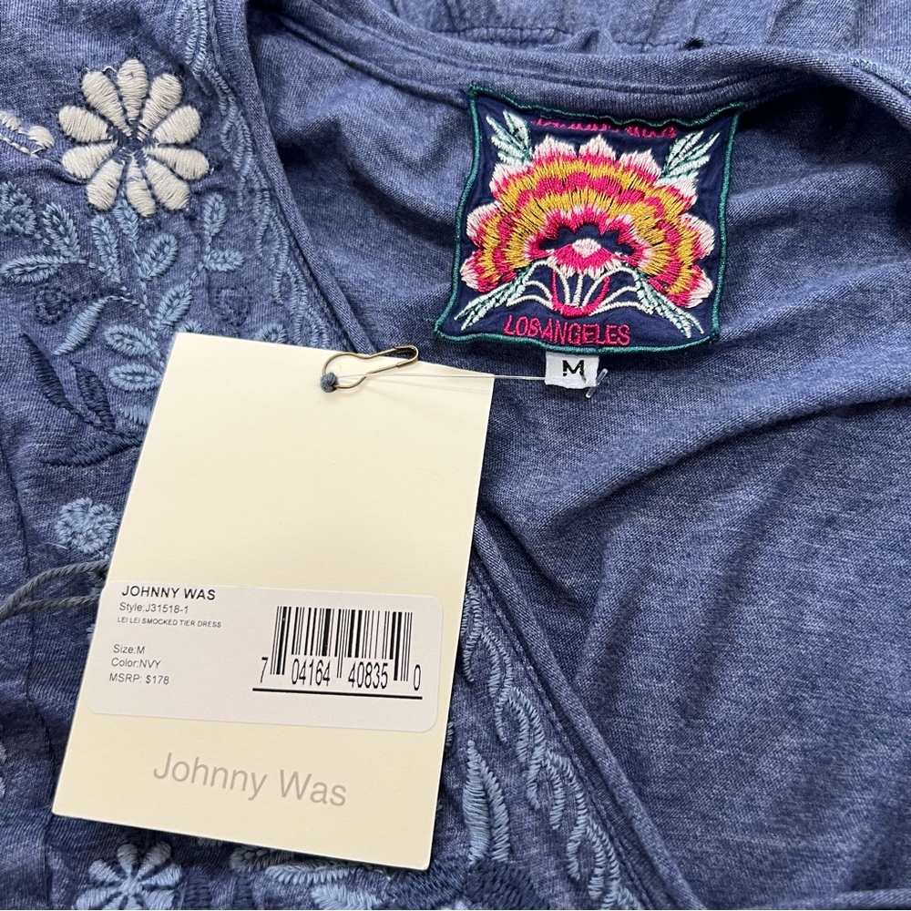 NEW Johnny Was Lei Lei Smocked Tier Dress Embroidered V-Neck Navy Blue Medium - Picture 10 of 13